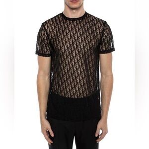Dior Black Oblique Logo Sheer Transparent Mesh See Through Short Sleeve Shirt XS
